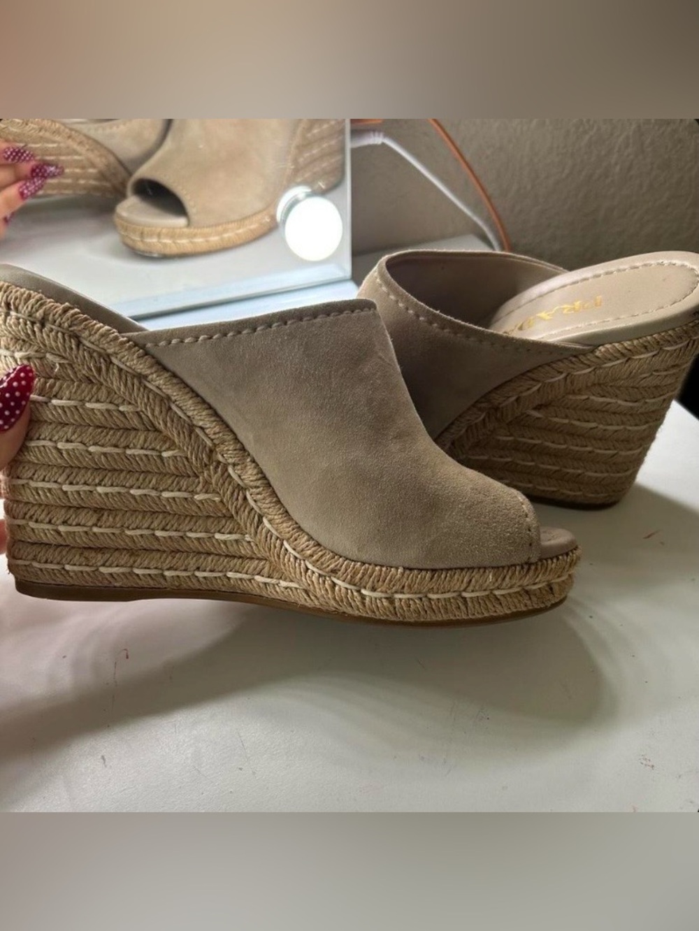 Prada Tan Suede Espadrille Wedge Mules